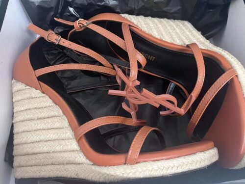 YSL Saint Laurent Logo High-Heeled Wedge Straw Leather Sandals / Heel Height 10.5CM photo review