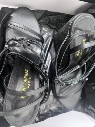 YSL Saint Laurent Logo High-Heeled Wedge Straw Leather Sandals / Heel Height 10.5CM photo review