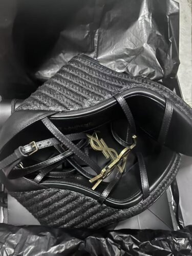 YSL Saint Laurent Logo High-Heeled Wedge Straw Leather Sandals / Heel Height 10.5CM photo review