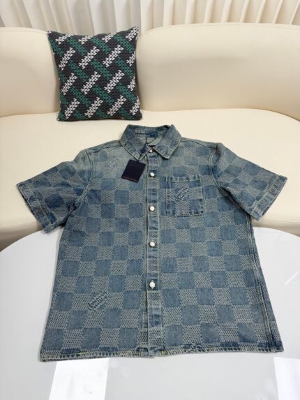 Louis Vuitton checkerboard pearl button denim short sleeve