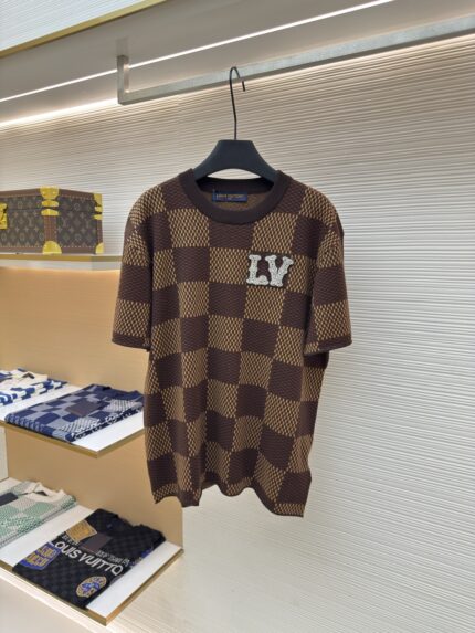 LOUIS VUITTON Brown Grid Nail Bead Woolen Short Sleeve