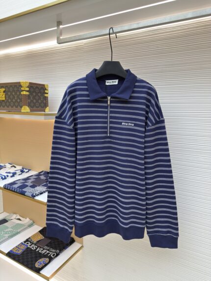 MIU Blue and White Striped Polo Hoodie