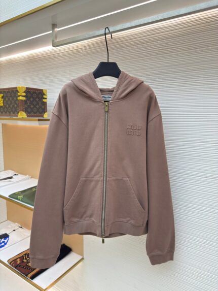 MiuMiu cocoa brown logo zip-up sweatshirt jacket