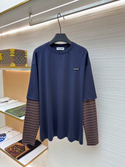 MiuMiu brown striped fake two-piece long-sleeved