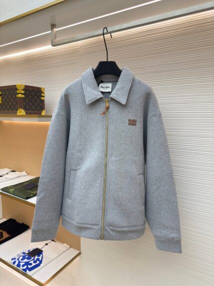 MiuMiu small leather logo embroidered zipper jacket