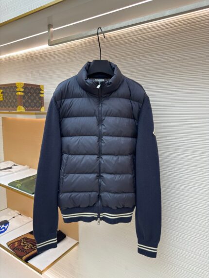 Moncler striped stand collar zipper long-sleeved down jacket