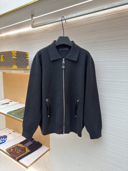 Louis Vuitton Leather and Knitted Wool Zip-Up Cardigan Jacket
