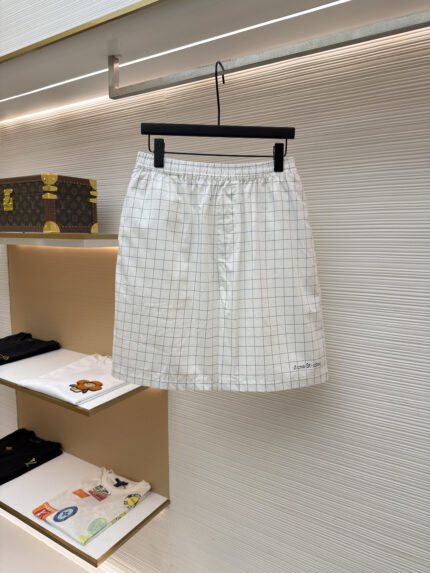 Acne Studios White & Black Striped Plaid Straight-Leg Casual Shorts with Lettering