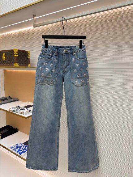 LOUIS VUITTON Pocket Letter Sequin Jacquard High-Waisted Flared Jeans