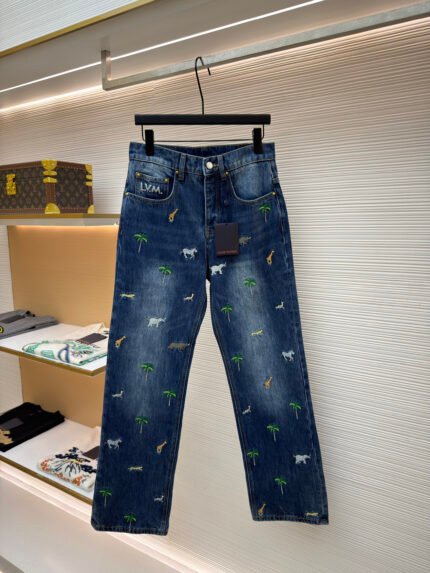 LOUIS VUITTON Denim Pants with All-Over Animal and Plant Embroidery