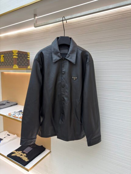 Prada Single-Breasted Leather Jacket with Triangle Logo