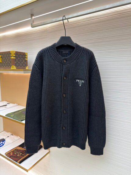 PRADA Intarsia Chunky-Knit Wool Cardigan