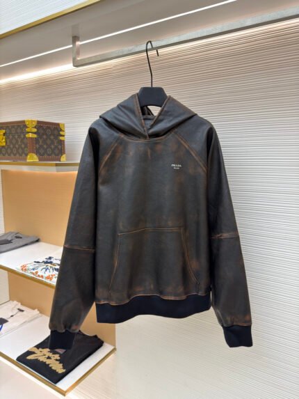 Prada Distressed Raglan-Sleeve Leather Hoodie