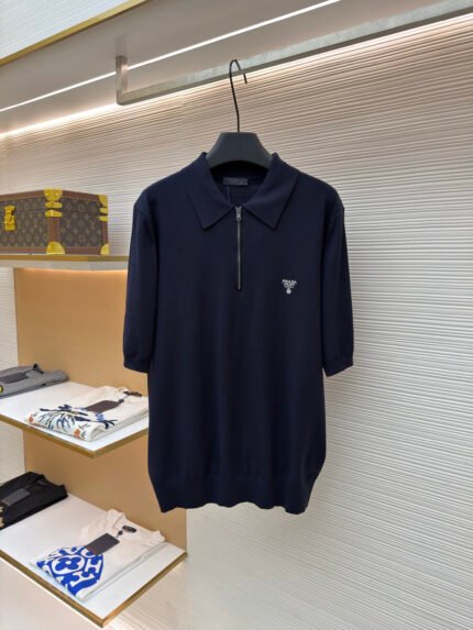 Prada Embroidered Knitted Zip Polo Shirt