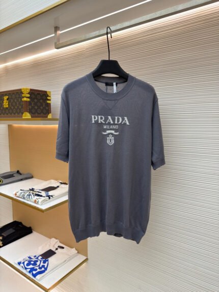 Prada Classic Logo Jacquard Wool Crewneck Short-Sleeve Top