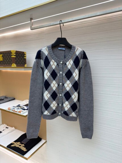 Prada Embroidered Diamond-Pattern Knit Cardigan