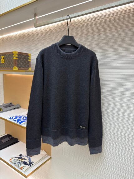Prada Crew-Neck Sweater with Ribbed Cuffs, Hem, and Logo