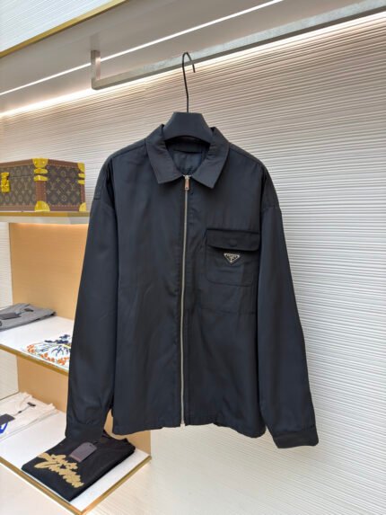 Prada Solid-Color Jacket with Logo, Zip Closure, Lapel Collar, and Long Sleeves