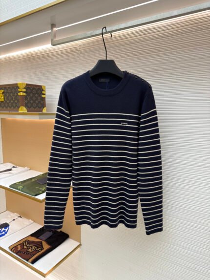 Prada Striped Sweater with Embroidered Buttons and Side Slits