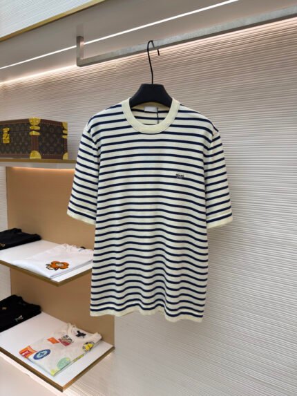 Prada Embroidered Striped Short-Sleeve Sweater