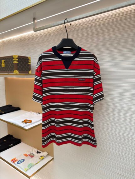 Prada Red-Striped Cotton Drop-Shoulder Short-Sleeve T-Shirt