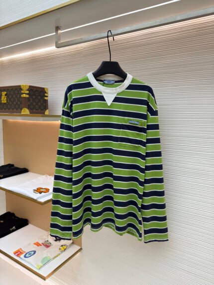Prada Green Long-Sleeve Striped Cotton Drop-Shoulder Top