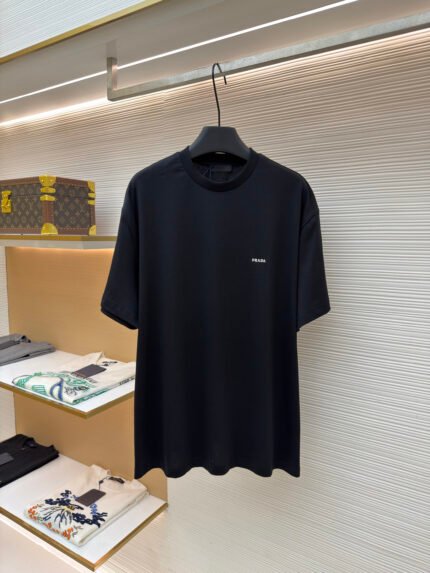 Prada Crew-Neck Short-Sleeve T-Shirt with Small Embroidered Logo