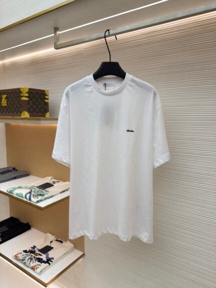 Prada Crew-Neck Short-Sleeve T-Shirt with Small Embroidered Logo