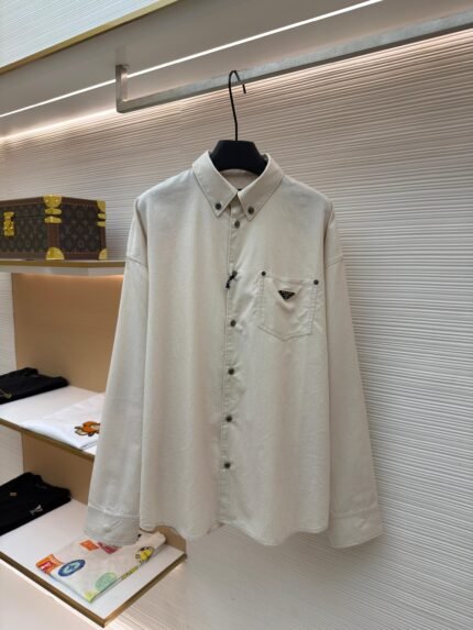 Prada Solid-Color Single-Breasted Long-Sleeve Shirt with Triangle Logo