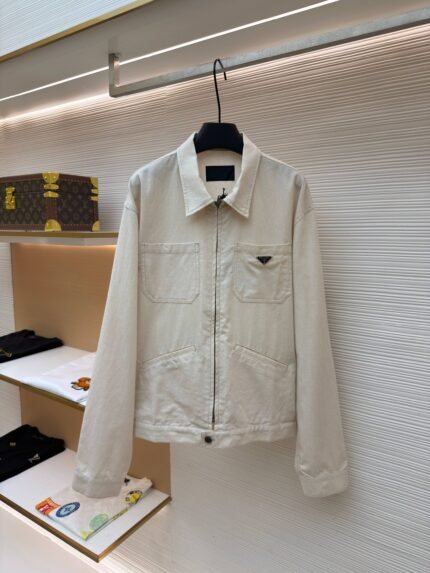 Prada Triangle Logo Cotton-Linen Zip Jacket