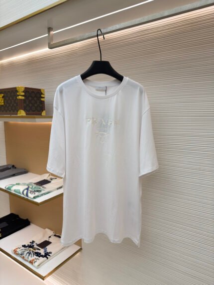 Prada Solid-Color Embossed Crew-Neck Short-Sleeve T-Shirt