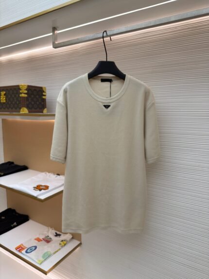 Prada Waffle-Knit Short-Sleeve Crewneck T-Shirt with Metal Plaque