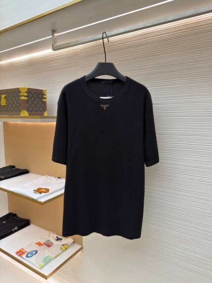 Prada Waffle-Knit Short-Sleeve Crewneck T-Shirt with Metal Plaque