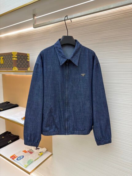 Prada Denim Jacket with Shirt Collar, Zip Pockets, and Long Sleeves