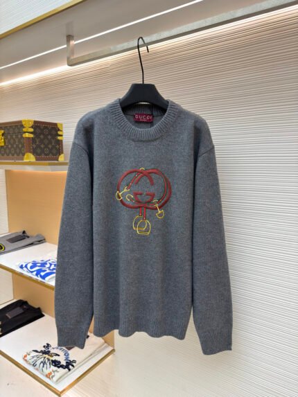 Gucci New Year Red Lantern & Double G Embroidered Knit Sweater