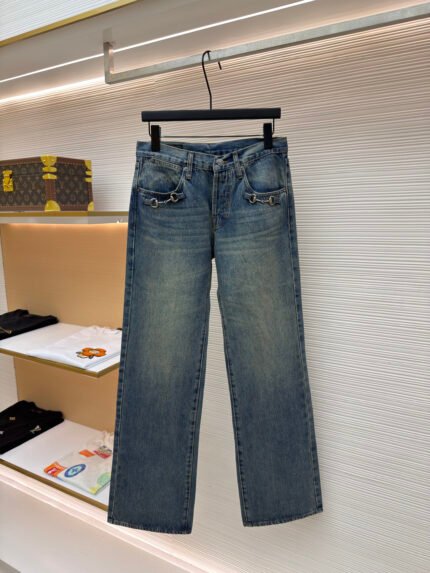 Gucci Washed Denim Jeans with Buckle Detail