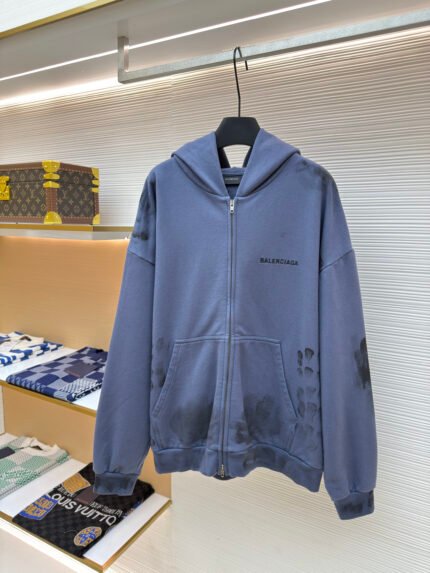 Balenciaga Distressed Embroidered Zip-Up Hoodie
