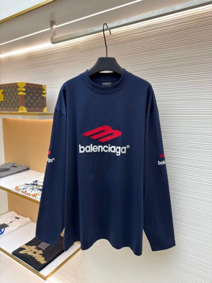 Balenciaga Crewneck Long-Sleeve Top with Letter Embroidery