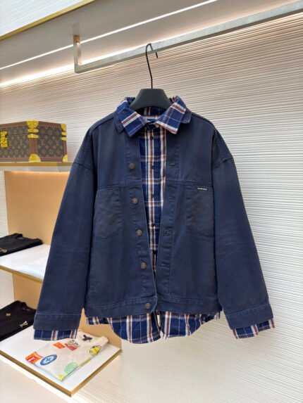 Balenciaga Plaid-Paneled Faux Two-Piece Denim Jacket