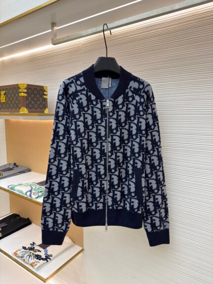 Dior Color-Block Letter Jacquard Knit Zip Cardigan