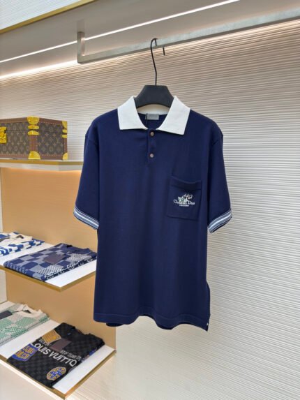 DIOR 25SS Contrast-Trim Crewneck Short-Sleeve Polo Shirt with Lily of the Valley Embroidery