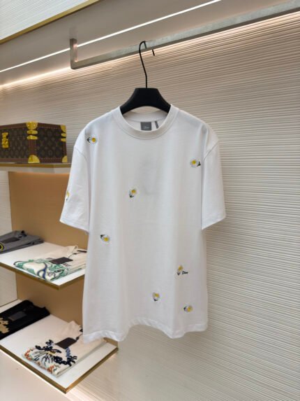 Dior Cotton Knit Crewneck Short-Sleeve T-Shirt with Daisy Embroidery