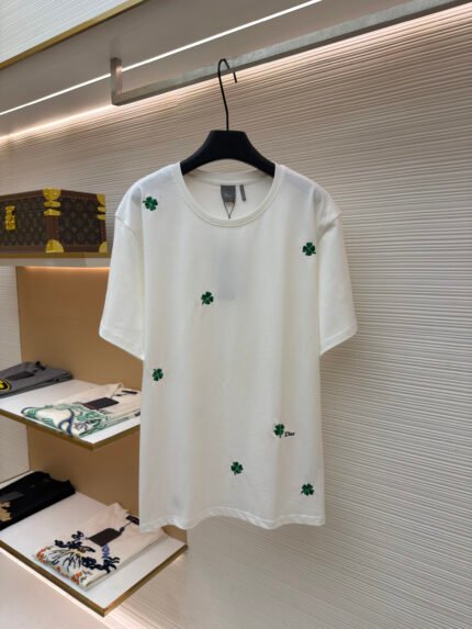 Dior Loose-Fit Cotton Crewneck T-Shirt with Four-Leaf Clover Embroidery