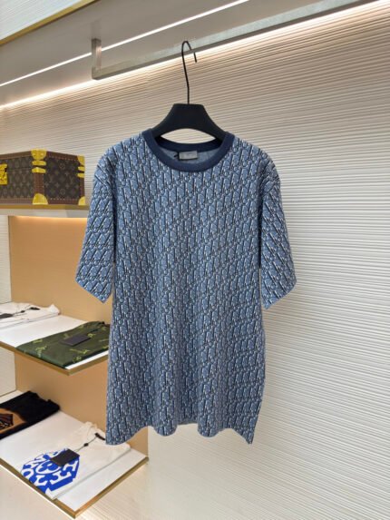 DIOR Blue All-Over Jacquard Cotton Short-Sleeve Shirt