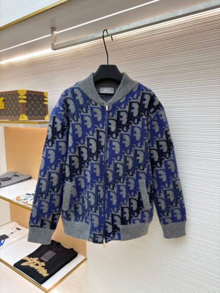 Dior Printed Wool Ribbed Zip-Up Long-Sleeve Jacket