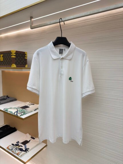 Dior Cotton Polo Shirt with Clover Embroidery and Mother-of-Pearl Buttons