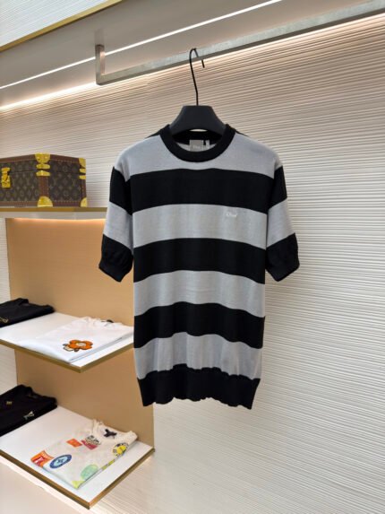 Dior Color-block Striped Short-Sleeve Knit Top with Letter Embroidery