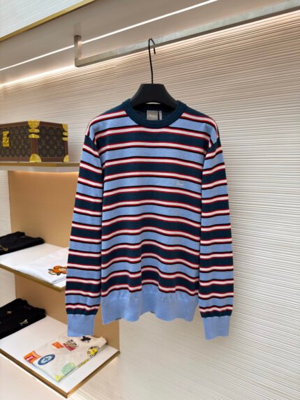 Dior Color-Block Striped Long-Sleeve Knit Sweater with Embroidered Lettering Logo