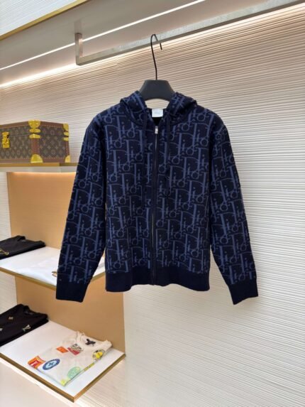 Dior Color-Block Letter Jacquard Wool-Knit Zip-Up Hoodie