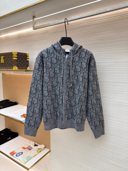 Dior Color-Block Letter Jacquard Wool-Knit Zip-Up Hoodie